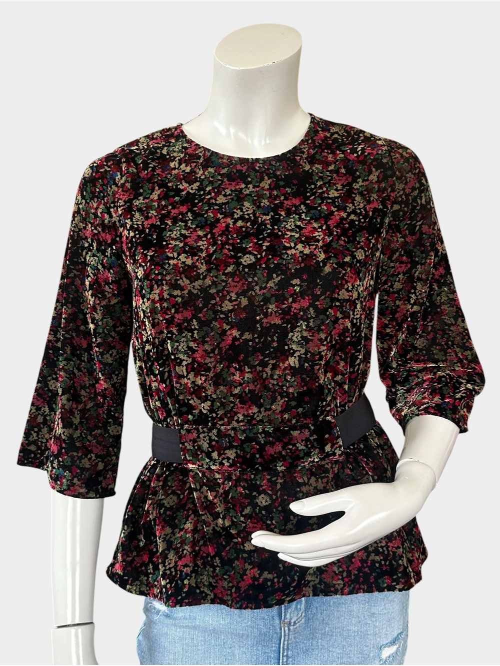 BA&SH Black Floral Velvet Edon Peplum 3/4 Sleeve Blouse US Size 4